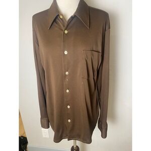 Vintage 70s Kingsport Dagger Collar Button Down Shirt Brown Ultriana Polyester